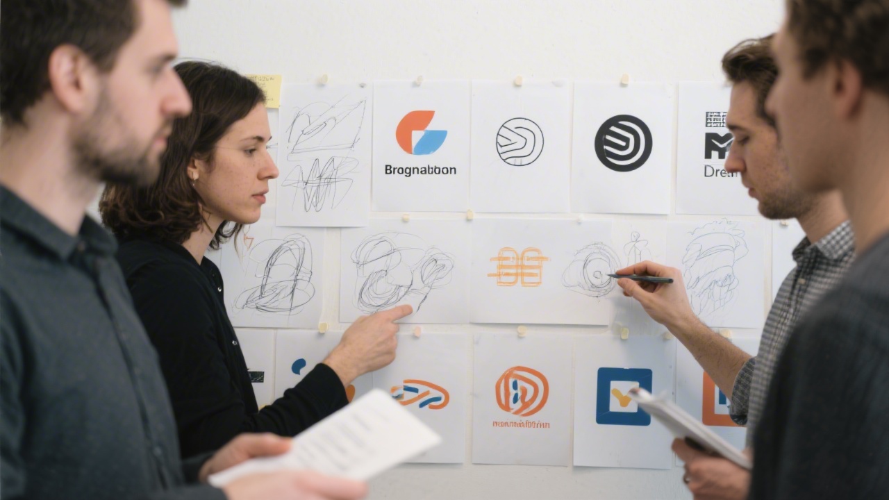 Participants reviewing branding sketches and printed logo drafts pinned to a wall, highlighting critique and refinement stages in a professional design workshop.
