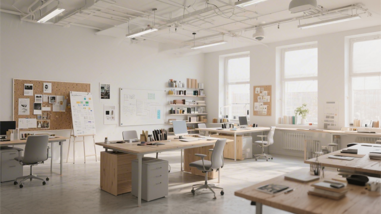 Interior view of a calm, well-lit design studio with workstations, presentation boards, and organized materials, showing a learning space built for creative focus.