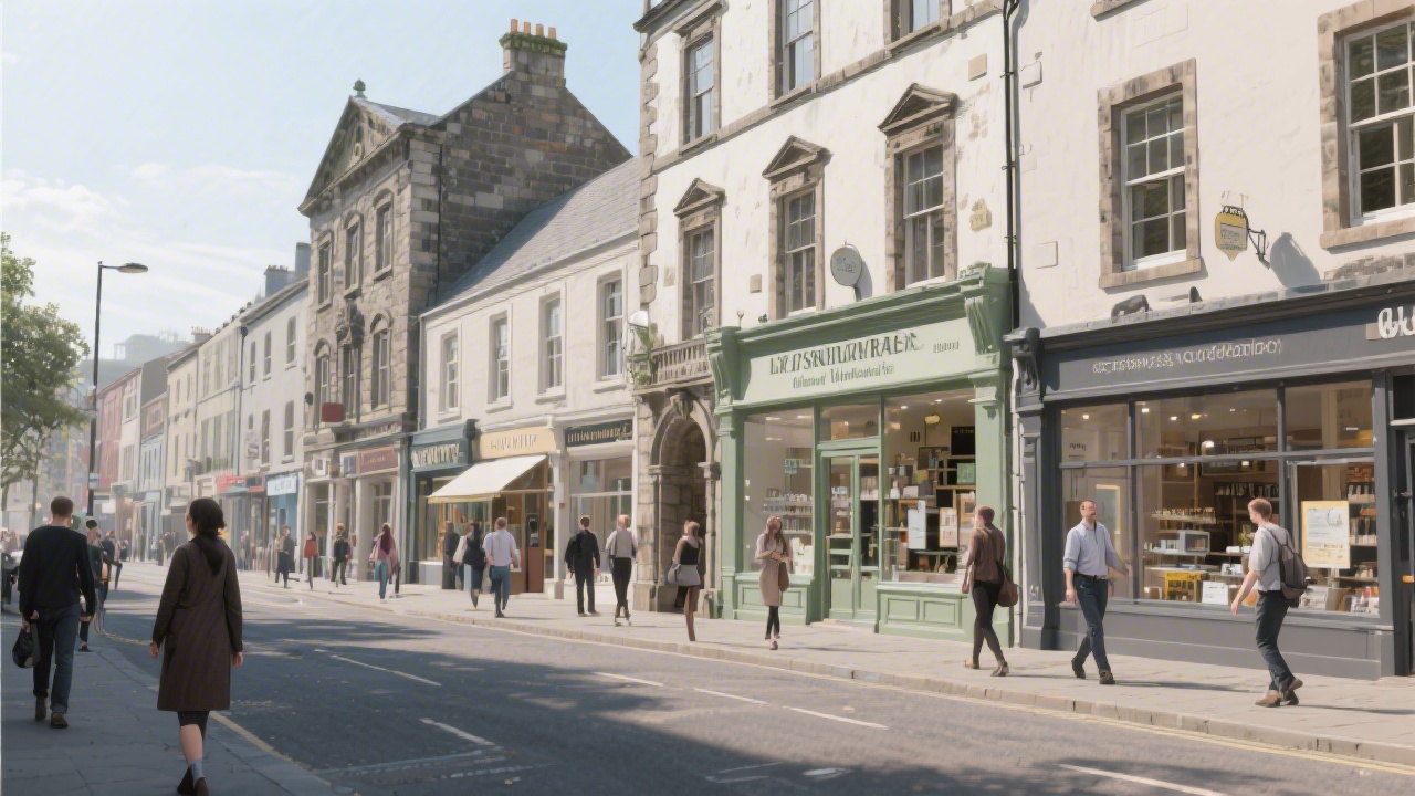 Streetscape in Limerick with historic buildings, pedestrians, and local shopfronts, representing the city context where student design projects are applied.
