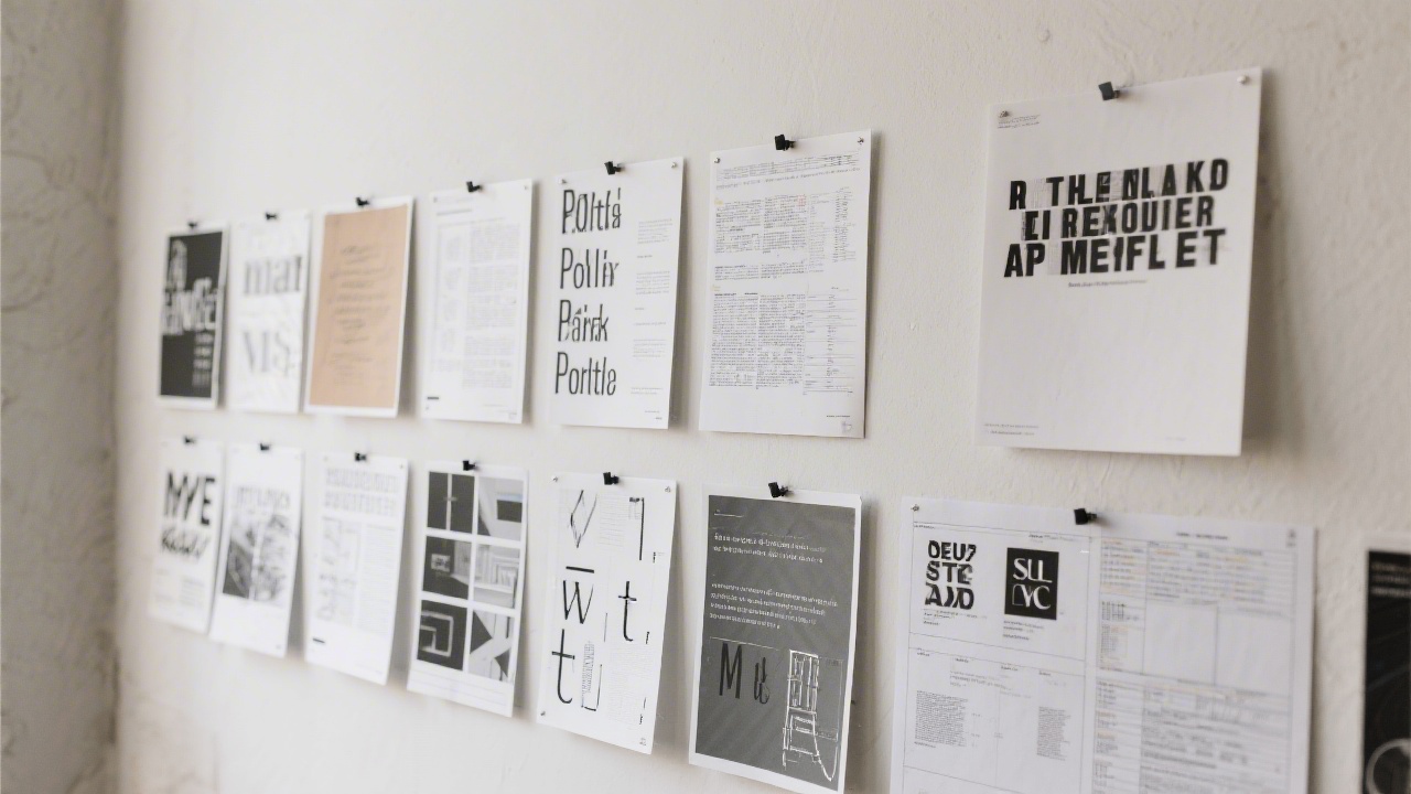 Wall display of student portfolio pages and brand guidelines, arranged neatly with captions, showing the progression of design work and reflective notes.