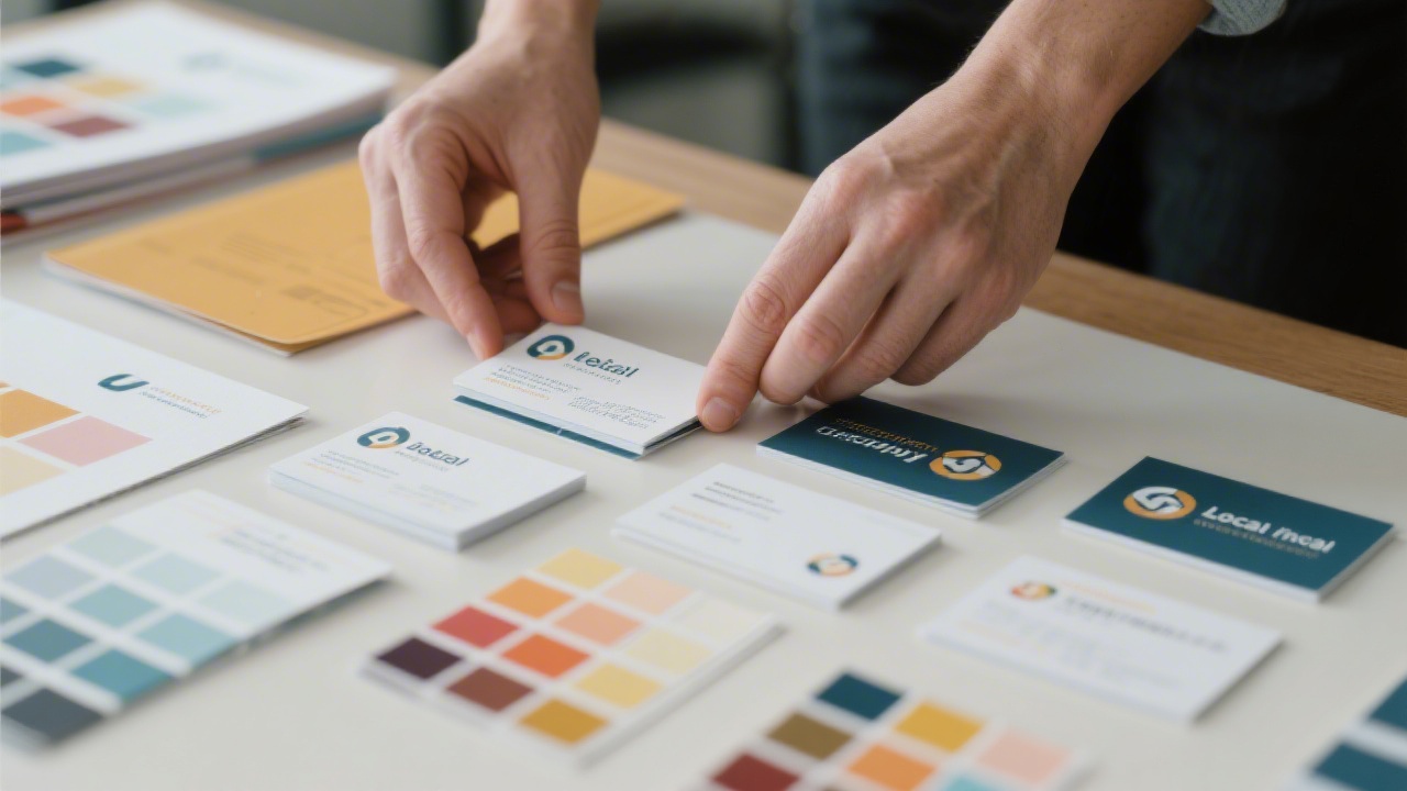 Close-up of hands arranging printed business cards, brochures, and color chips on a desk, demonstrating tangible brand applications for local businesses.