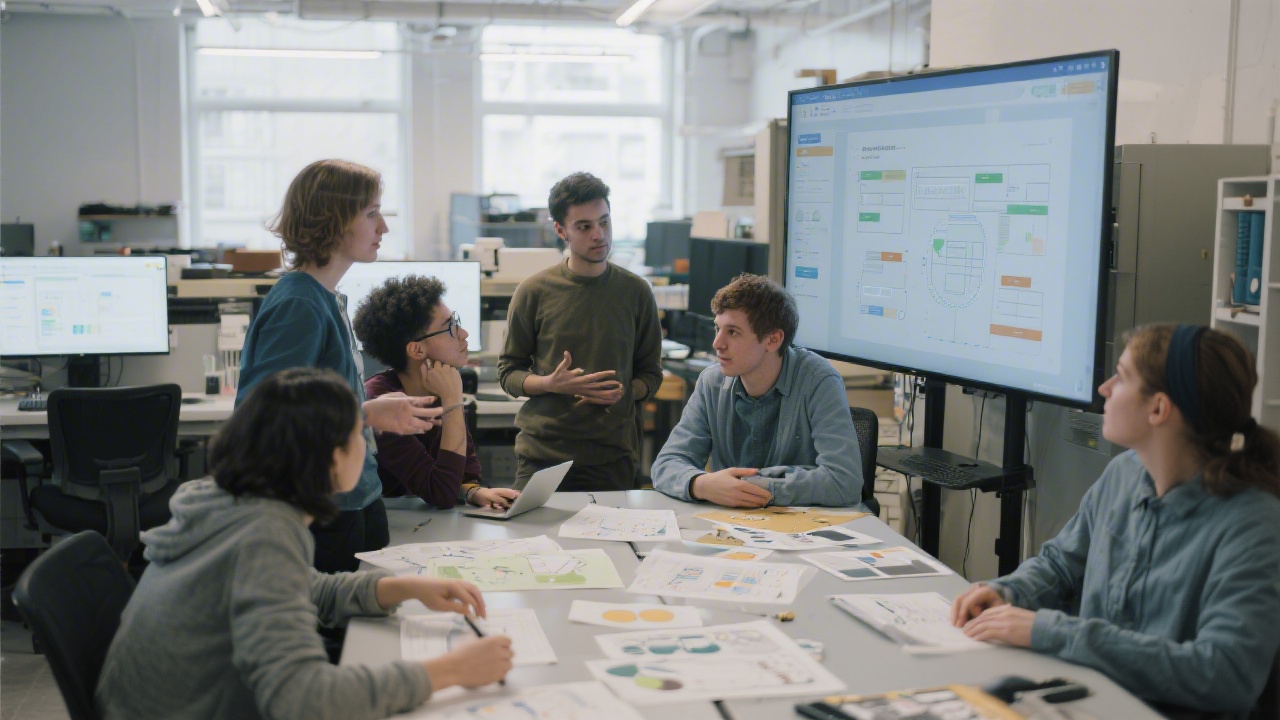 Small group gathered around a monitor reviewing a responsive interface prototype, with a whiteboard showing user journey notes and interaction flows.
